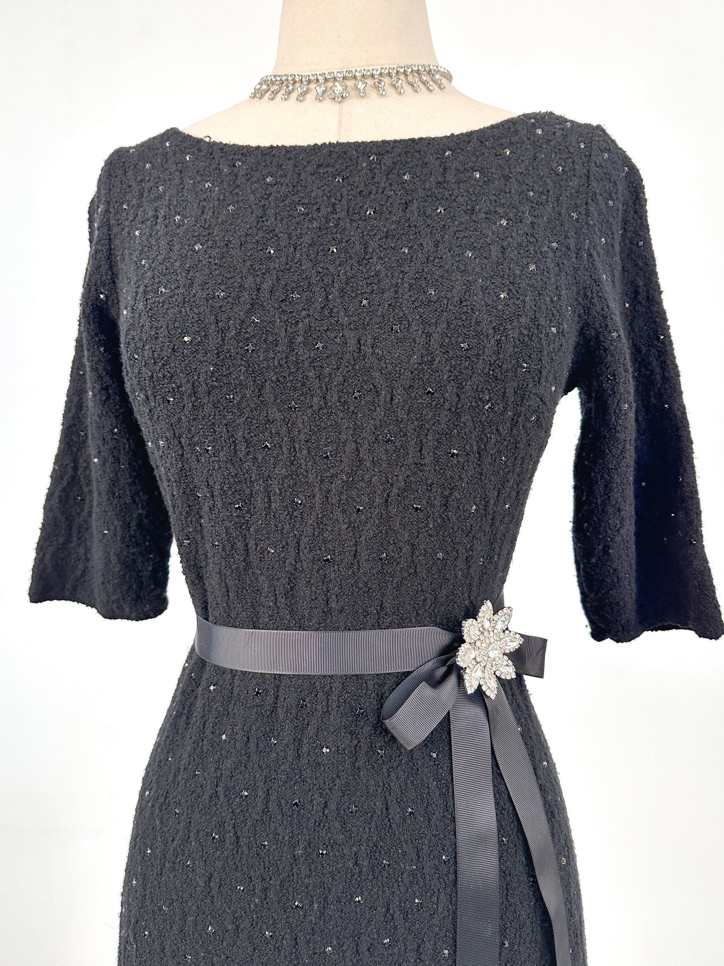 1950s Knit Dress with Black Rhinestones / Waist 30
