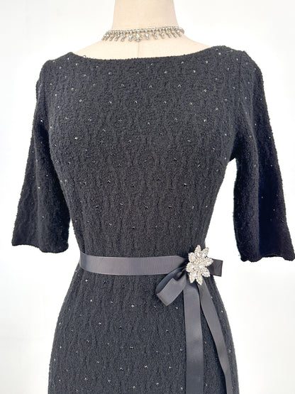 1950s Knit Dress with Black Rhinestones / Waist 30