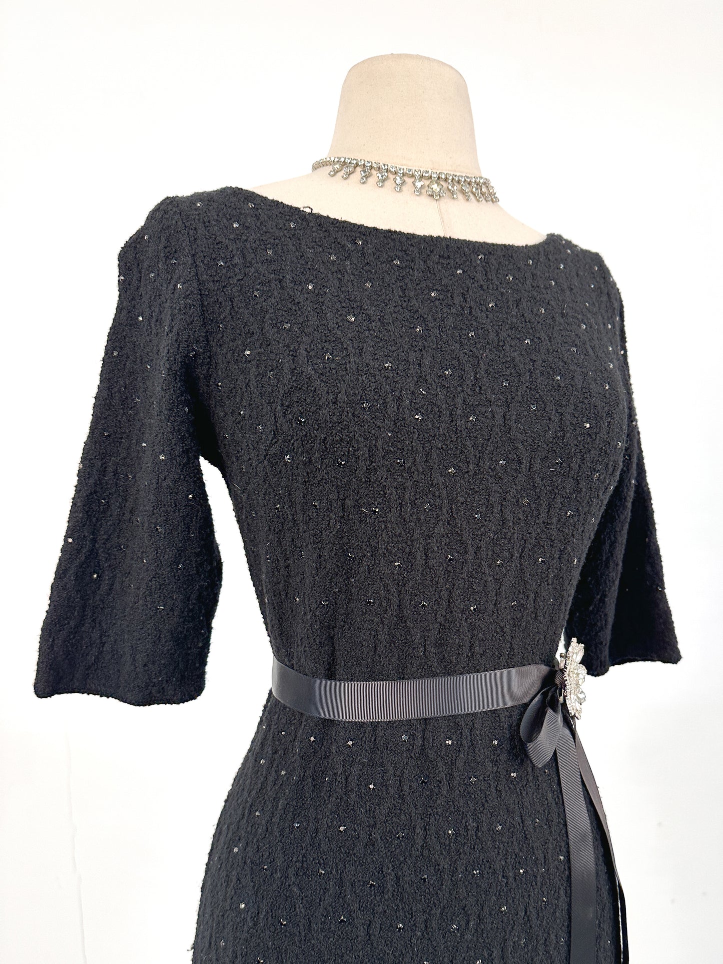 1950s Knit Dress with Black Rhinestones / Waist 30
