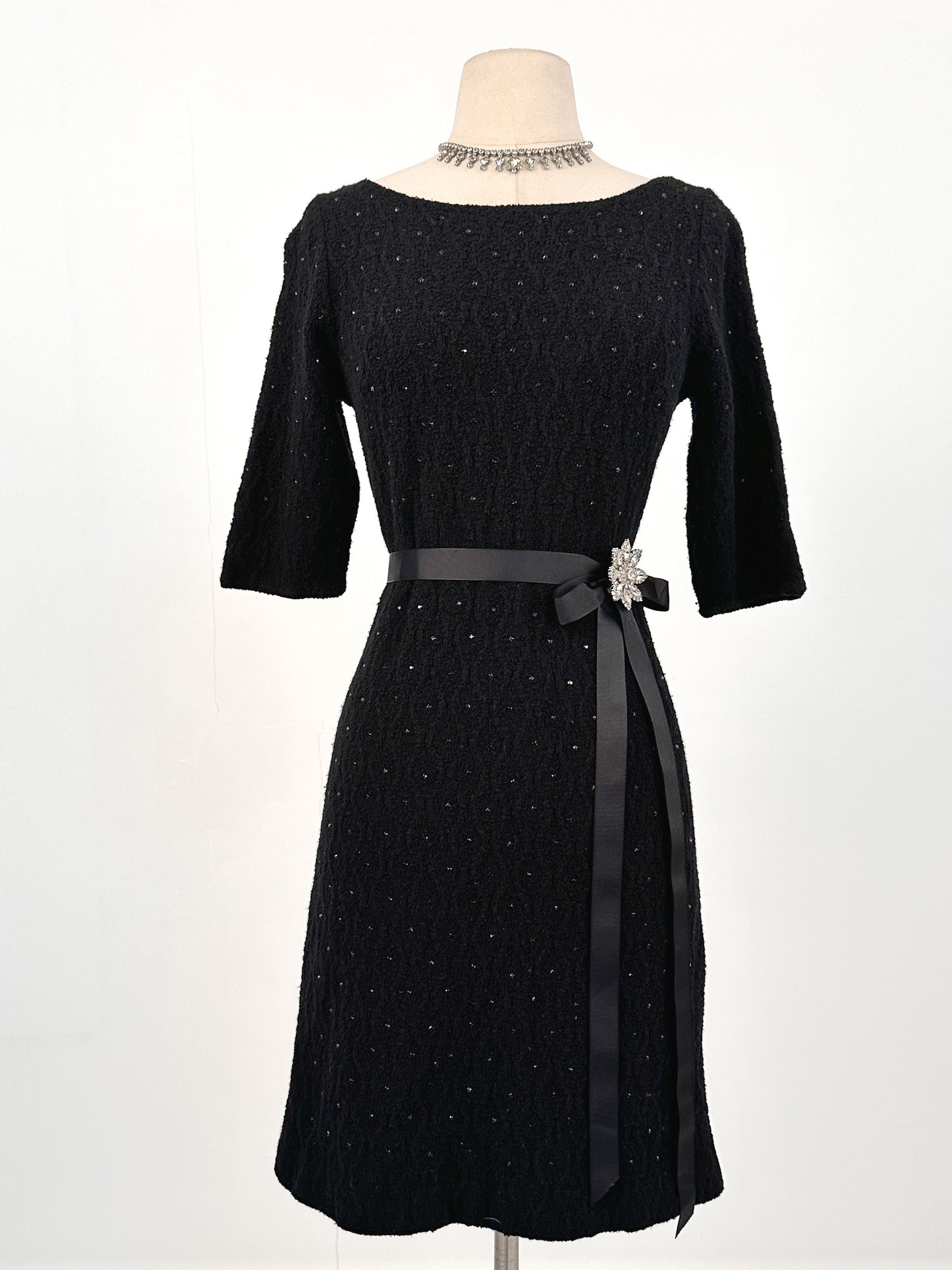 1950s Knit Dress with Black Rhinestones / Waist 30