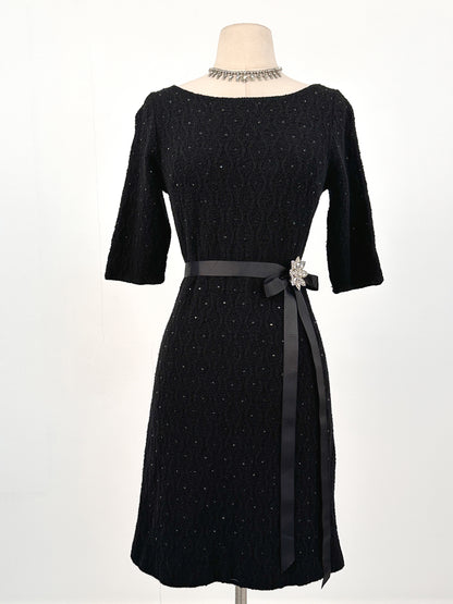 1950s Knit Dress with Black Rhinestones / Waist 30