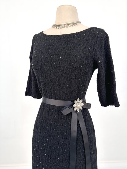 1950s Knit Dress with Black Rhinestones / Waist 30