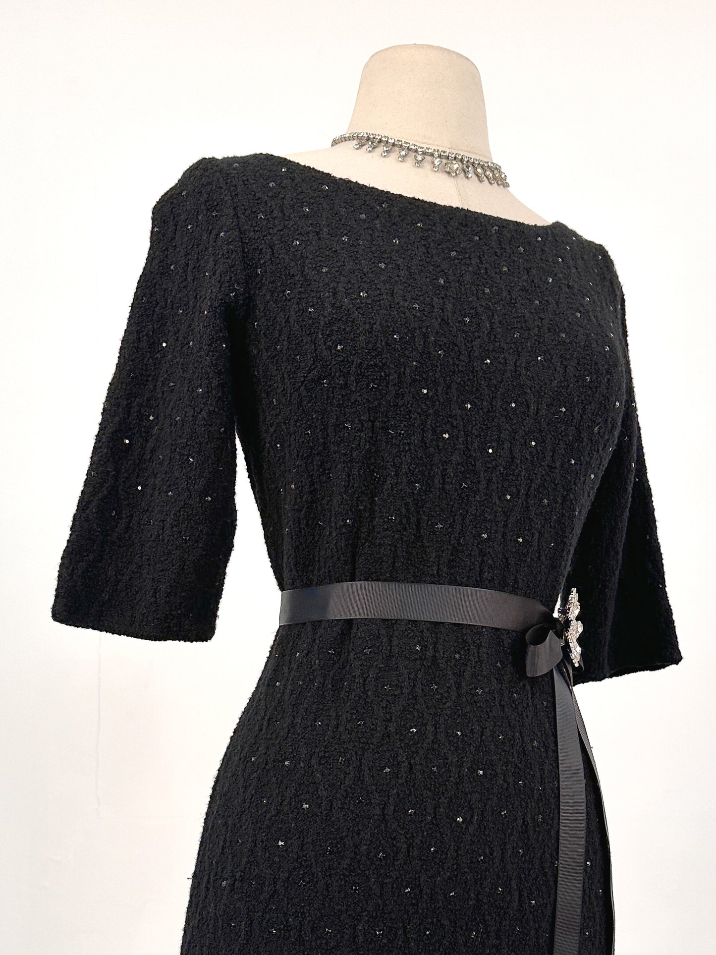 1950s Knit Dress with Black Rhinestones / Waist 30