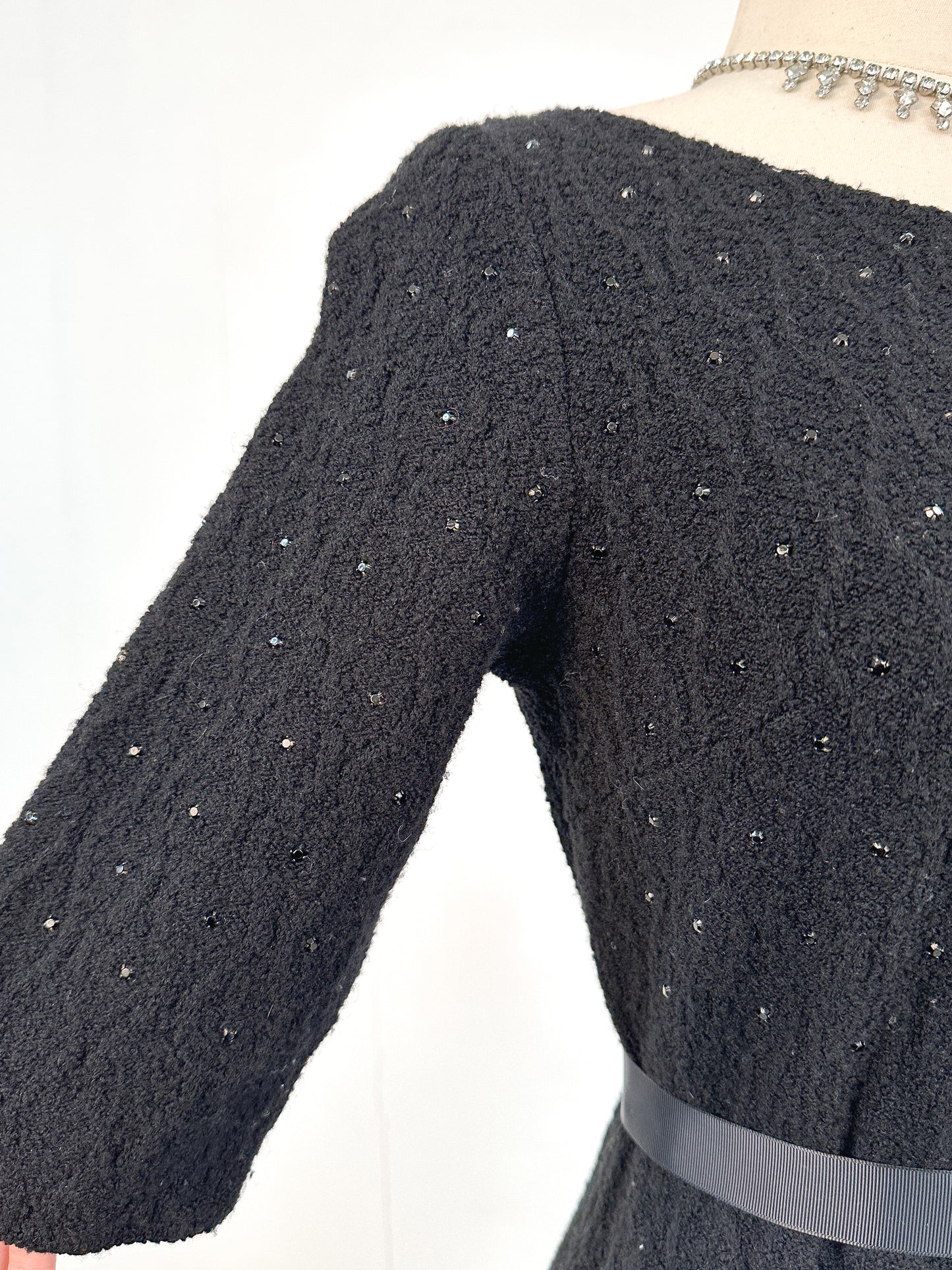 1950s Knit Dress with Black Rhinestones / Waist 30
