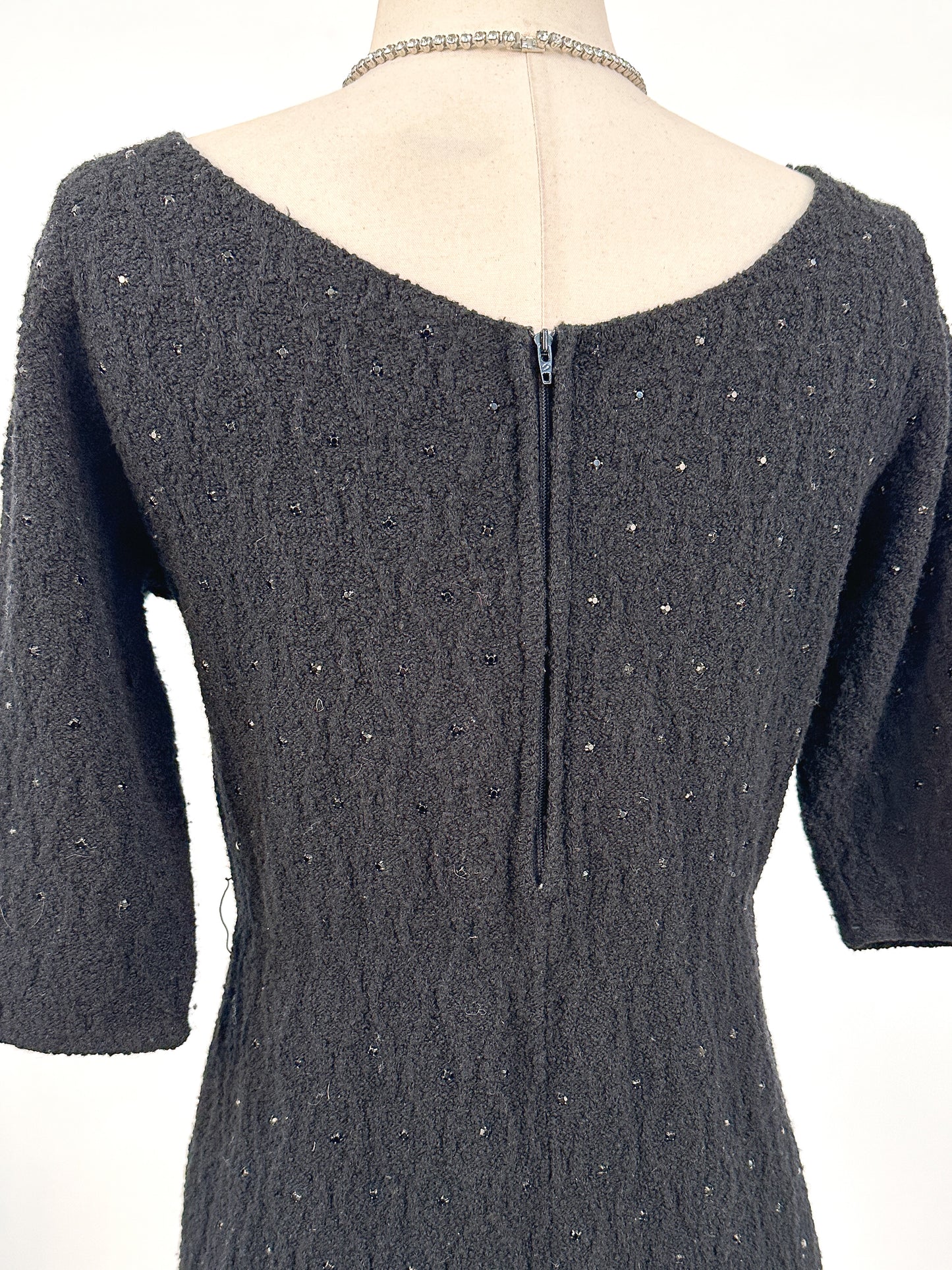 1950s Knit Dress with Black Rhinestones / Waist 30
