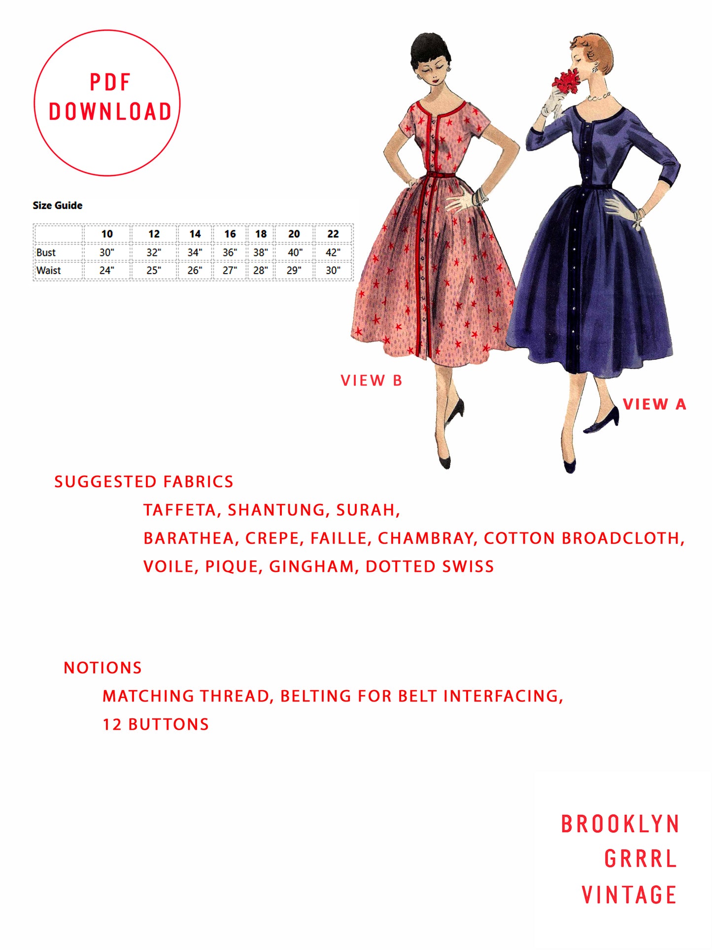 PDF Pattern - 1950s Dress with Low Round Neckline / Multiple Sizes