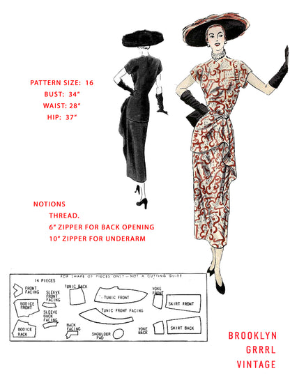 PDF Pattern 1940s Tunic Dress / Bust 34