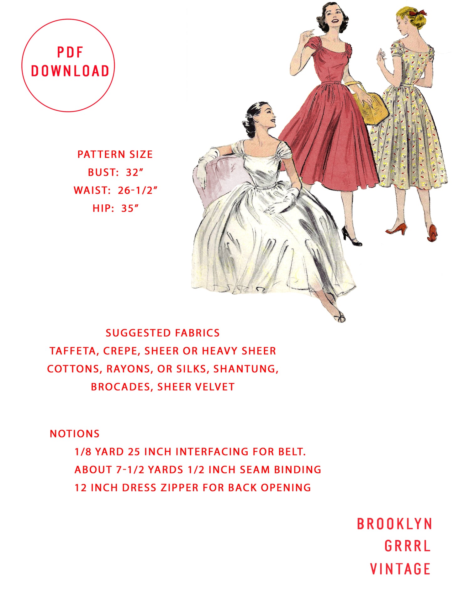 PDF Pattern - 1950s Full Circle Dress / Bust 32