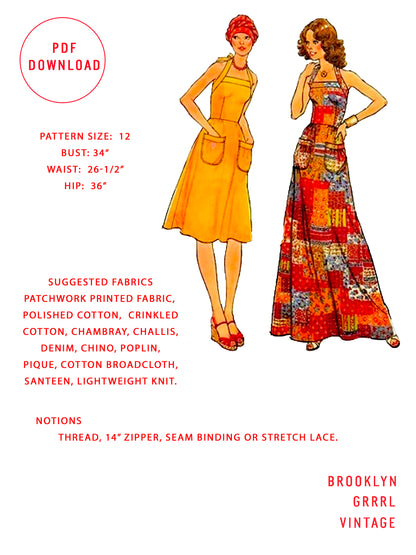 PDF Pattern 1970s Halter Dress / Bust 34