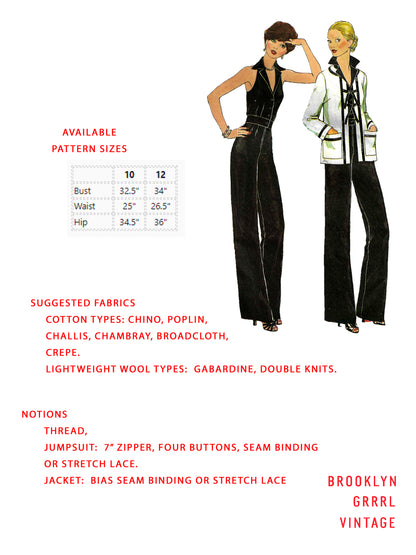 PDF Pattern - 1970s Jumpsuit & Jacket / Multiple Sizes