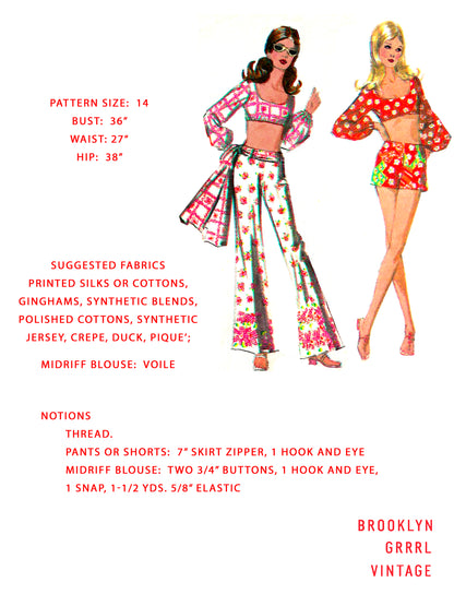 PDF Pattern 1970s Midriff Blouse / Shorts / Wide Leg Pants / Bust 36