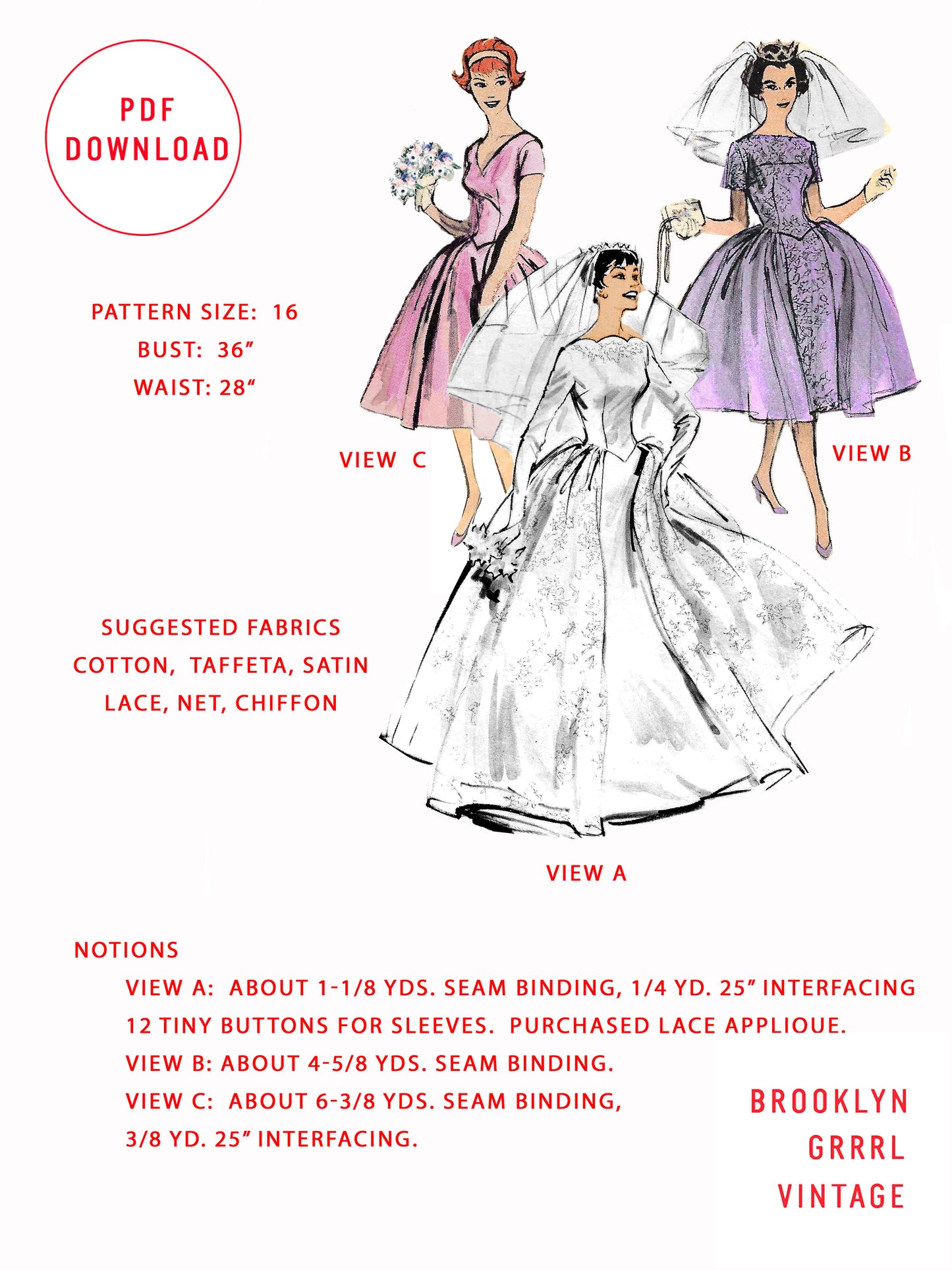 PDF Pattern - 1950s Bridal / Ball Gowns / Bust 36