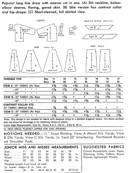 PDF Pattern - 1950s Drop Waist Dress  / Bust 34