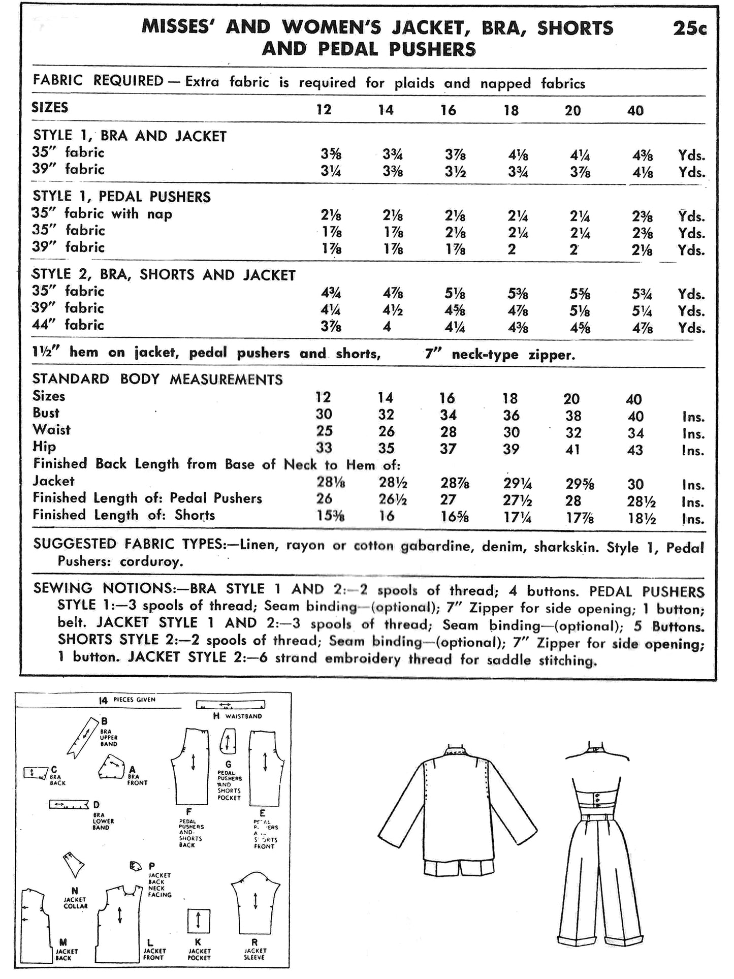 PAPER Pattern  1950s Jacket, Bra, Pedal Pushers, Shorts / Bust 34