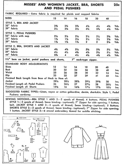 PAPER Pattern  1950s Jacket, Bra, Pedal Pushers, Shorts / Bust 34