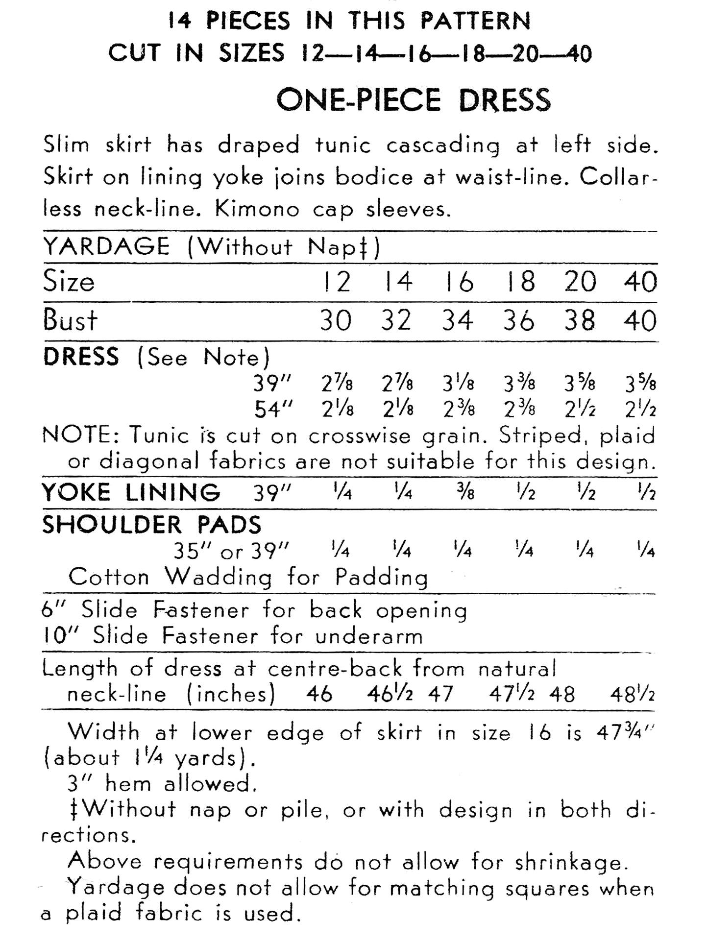 PDF Pattern 1940s Tunic Dress / Bust 34