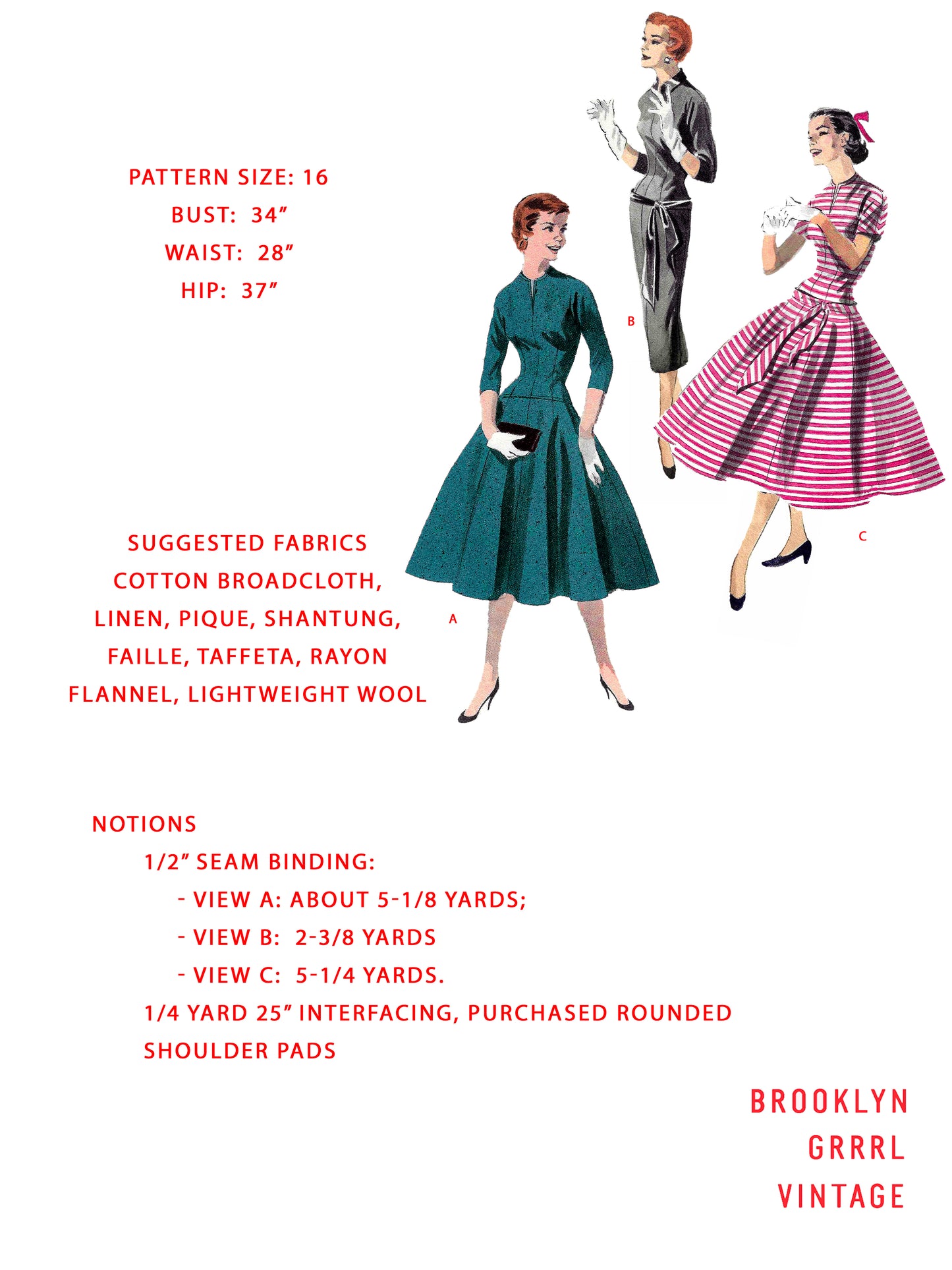 PDF Pattern - 1950s Drop Waist Dress  / Bust 34