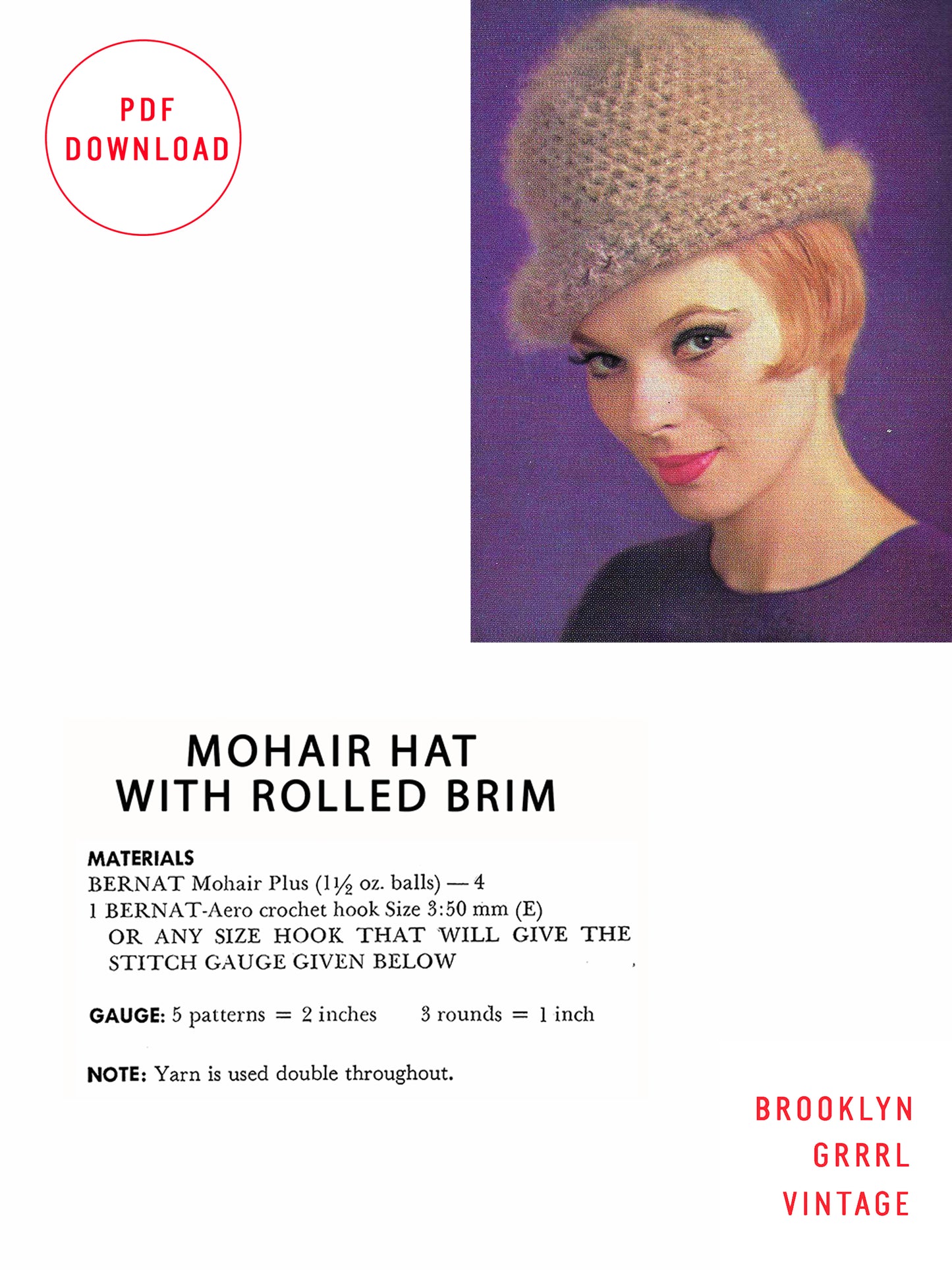 1960s Hat with Rolled Brim - Knitting PDF Pattern
