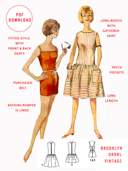 PDF Pattern - 1960s Bathing Romper & Beach Dress / Bust 34