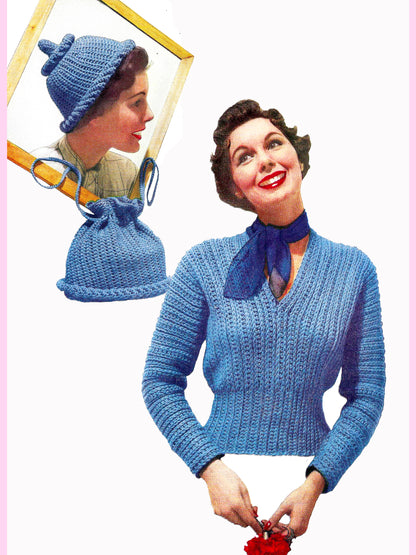1950s Pixie Cap, Handbag and Crocheted Slip-On Sweater