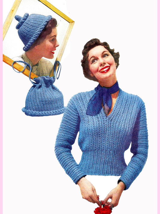 1950s Pixie Cap, Handbag and Crocheted Slip-On Sweater