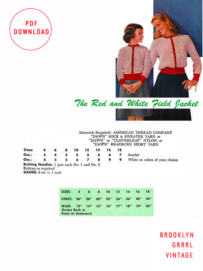 1950s Red and White Field Jacket - Knitting PDF Pattern