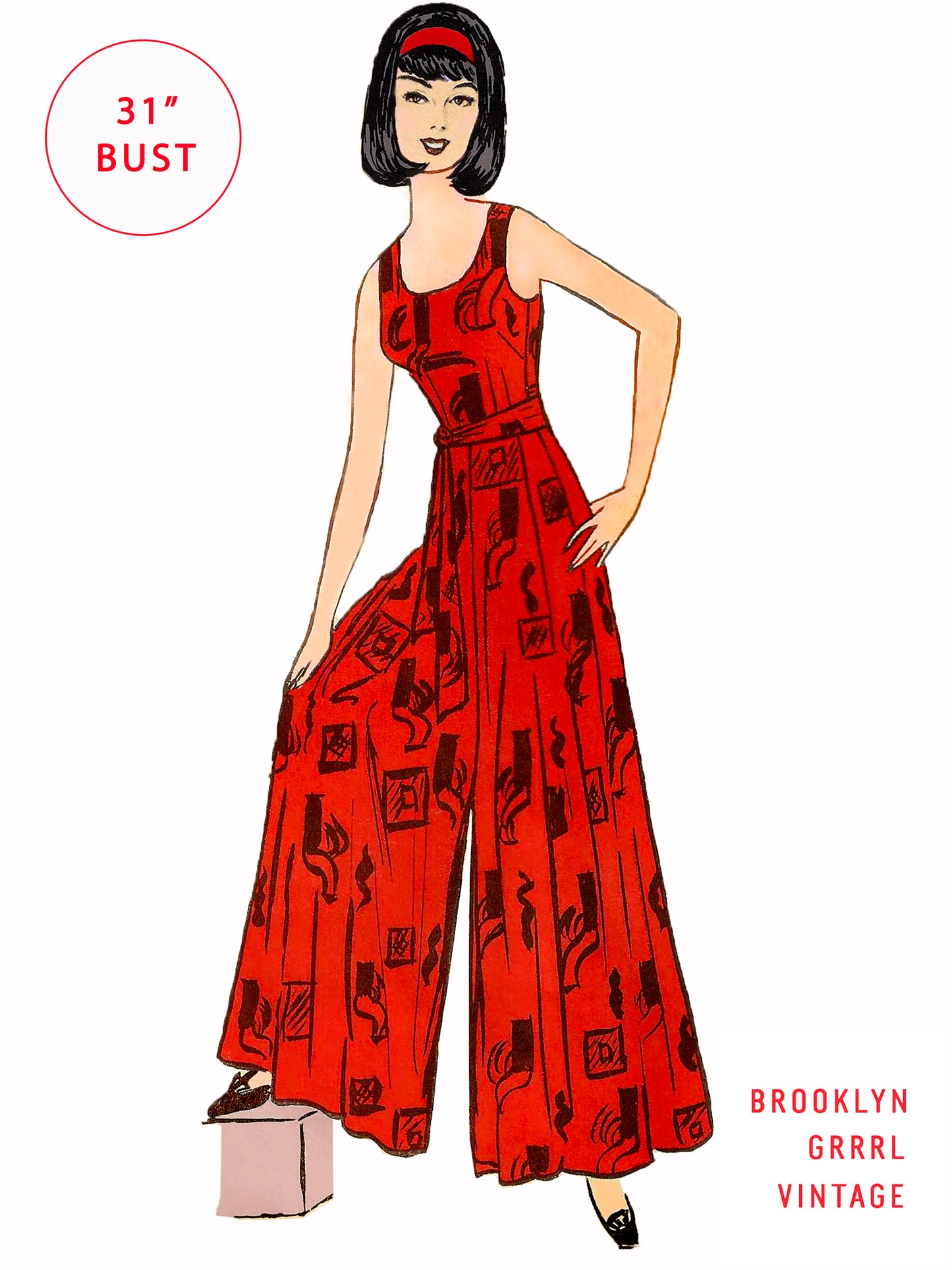 PDF Pattern - 1960s Wide Leg Jumpsuit / Bust 31