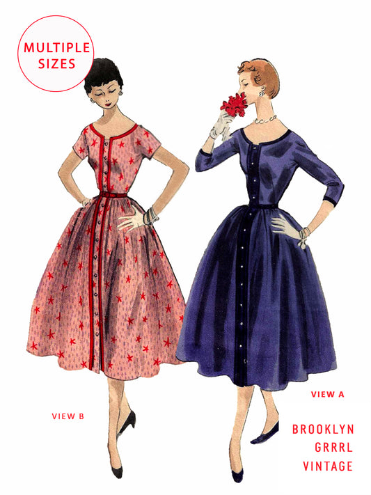PDF Pattern - 1950s Shirtwaist Dress with Low Round Neckline / Multiple Sizes