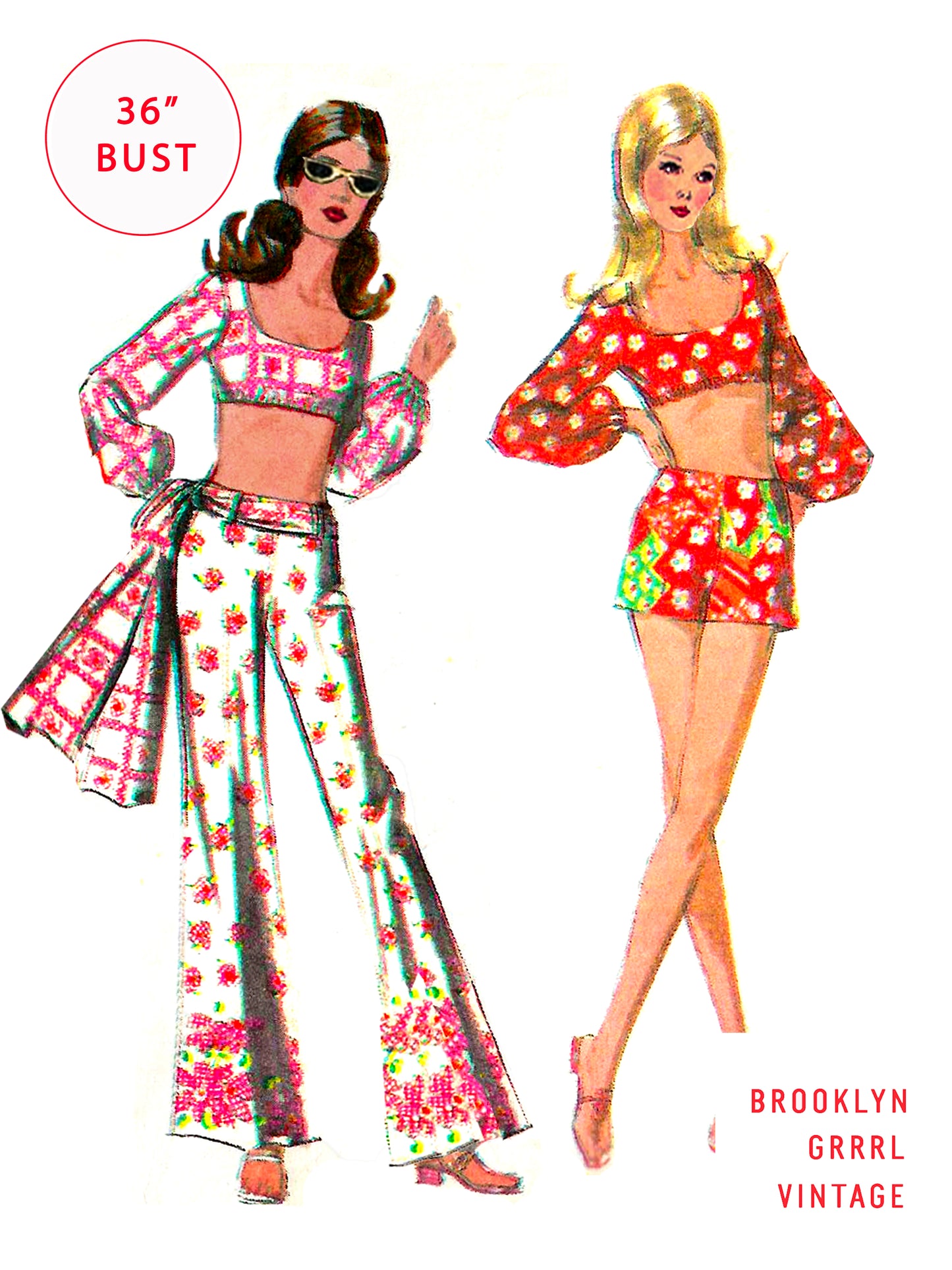 PDF Pattern 1970s Midriff Blouse / Shorts / Wide Leg Pants / Bust 36