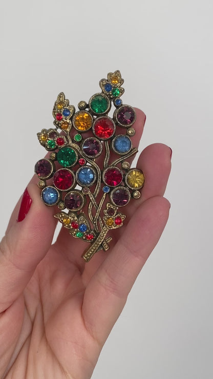 1930s Art Deco Brooch with Multi-Colored Rhinestones