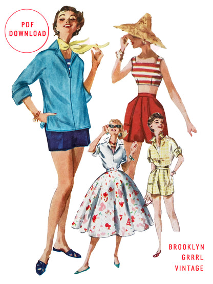 PDF Pattern - 1950's Skirt, Tops and Shorts Ensemble / Bust 29