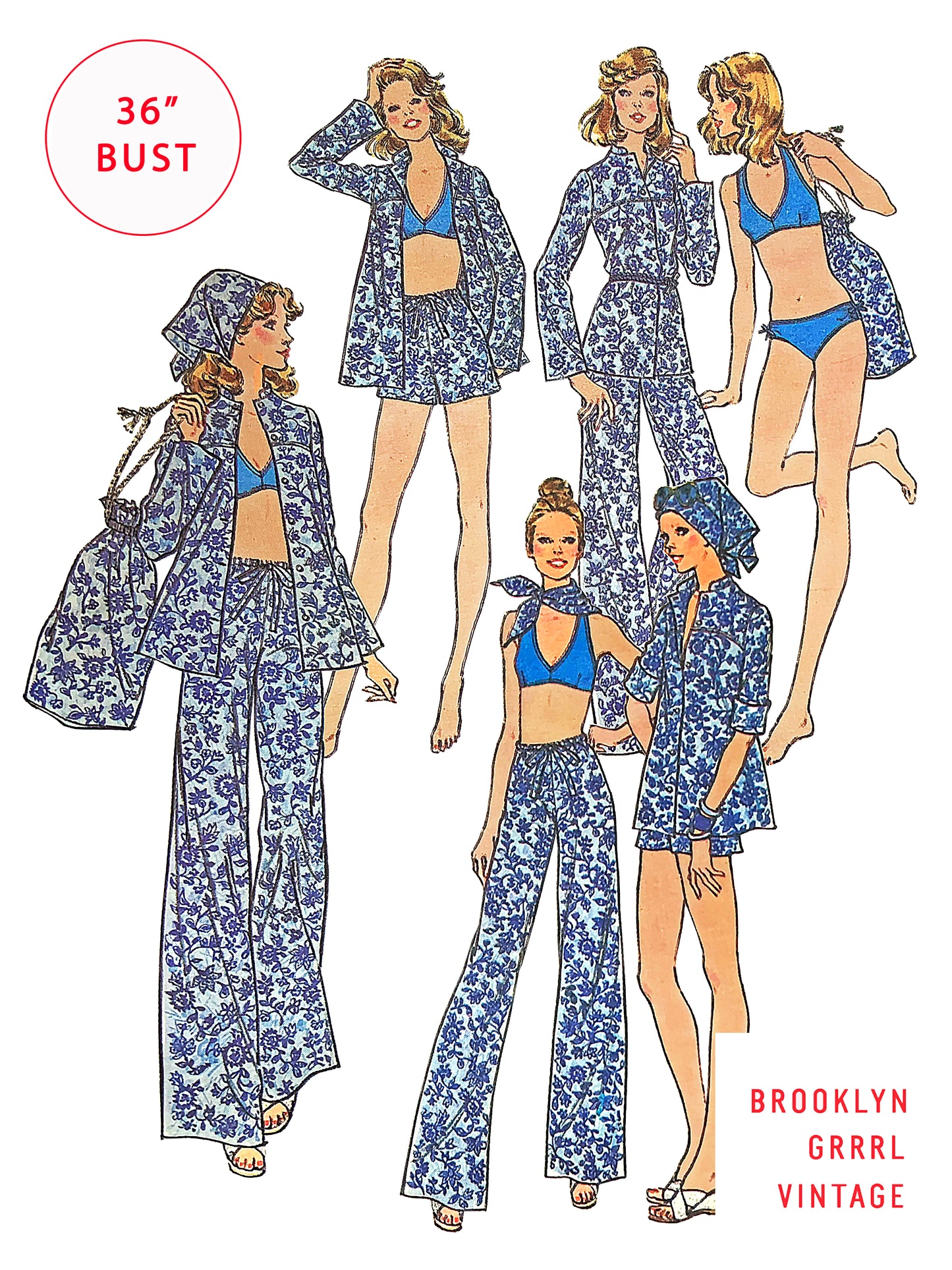 PDF Pattern - 1970's Separates Mix and Match Pants, Shorts, Bikini, Blouse, Scarf and Tote Bag / Bust 36