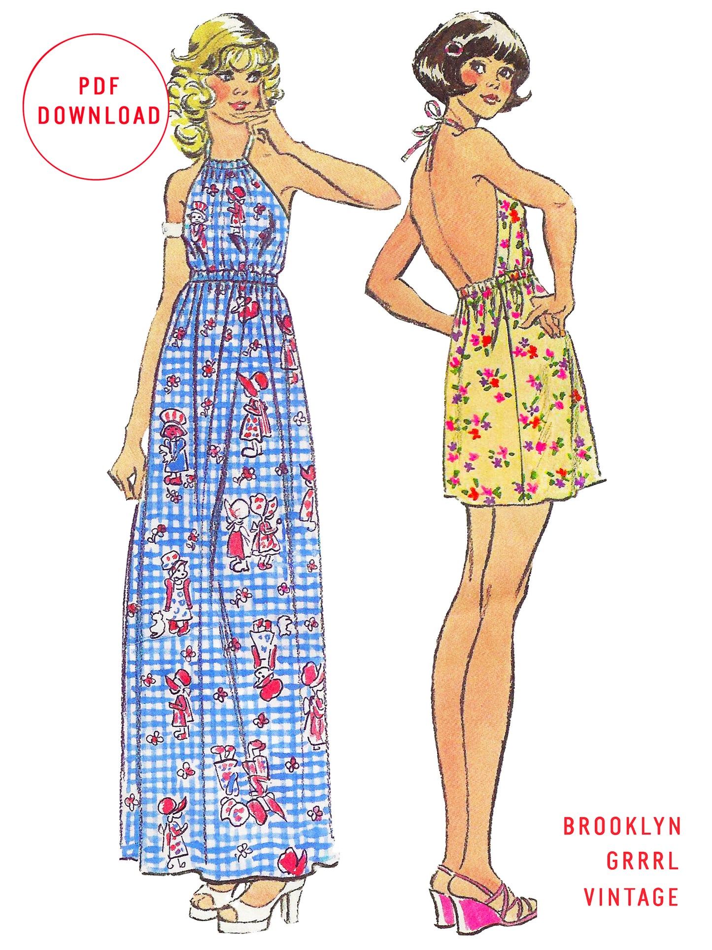 PDF Pattern - 1970's Halter Maxi Dress and Halter Mini Dress / Bust 33
