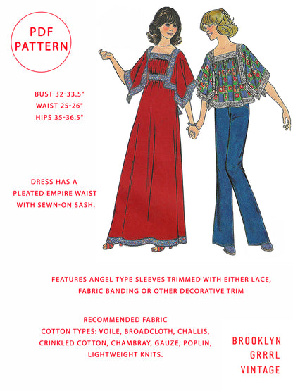 PDF Pattern - 1970's Maxi Dress and Top with Angel Sleeves / Bust 32