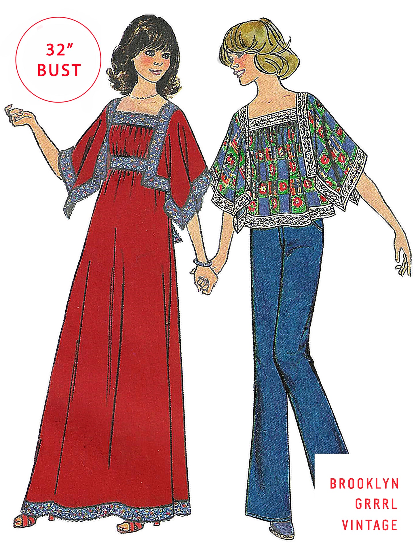 PDF Pattern - 1970's Maxi Dress and Top with Angel Sleeves / Bust 32