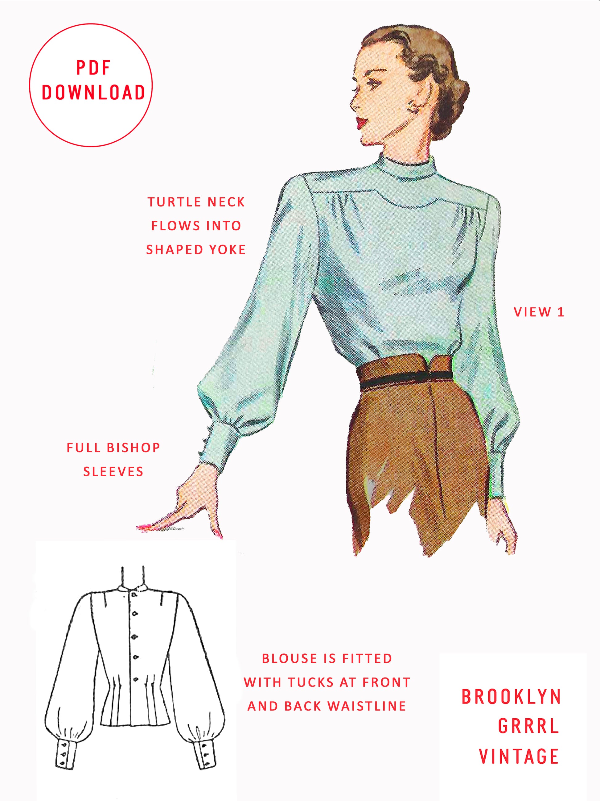 PDF Pattern - 1940's Evening Blouse with Balloon or Lantern Sleeves / Bust  30