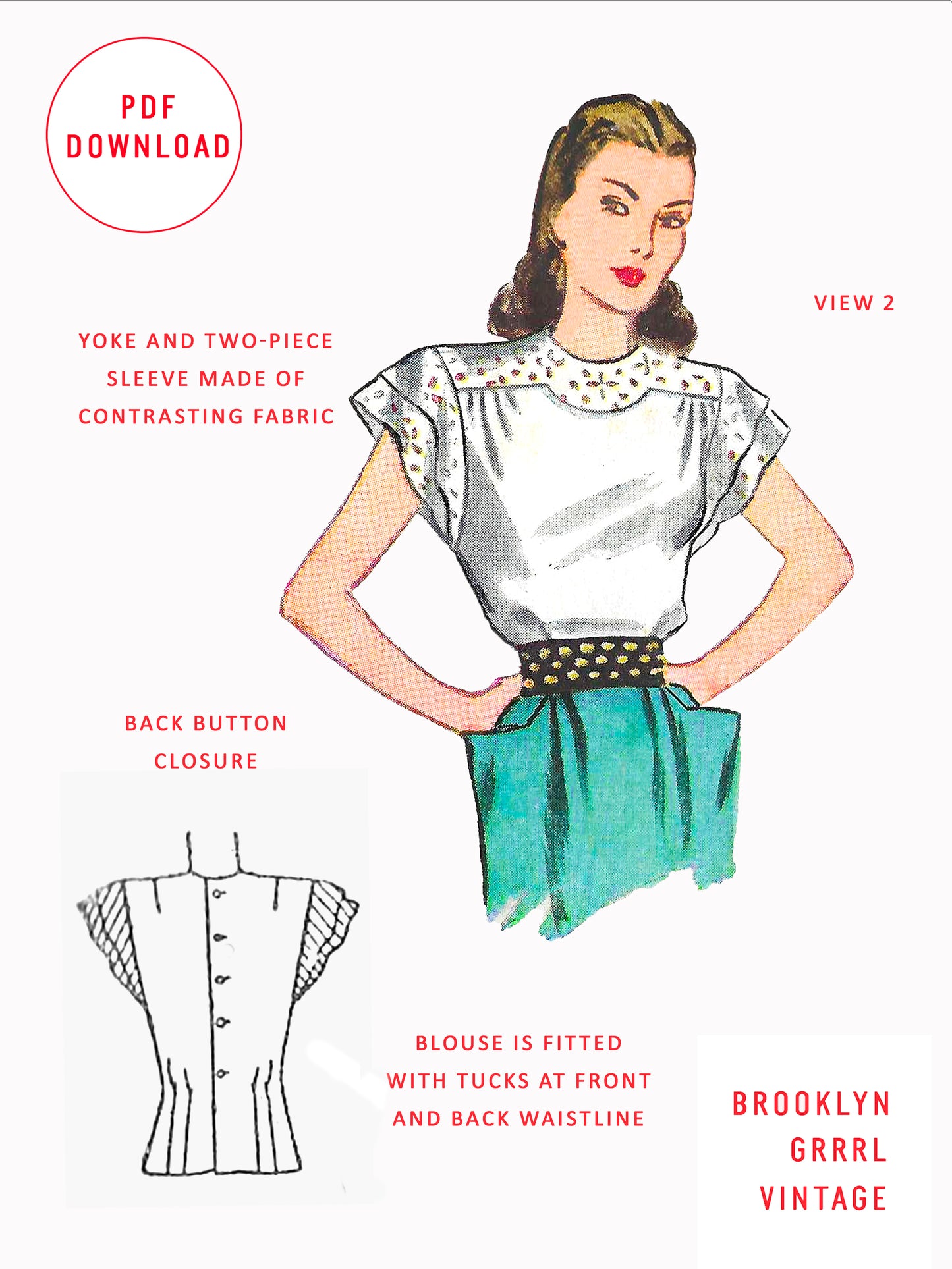 PDF Pattern - 1940's Evening Blouse with Balloon or Lantern Sleeves / Bust 30