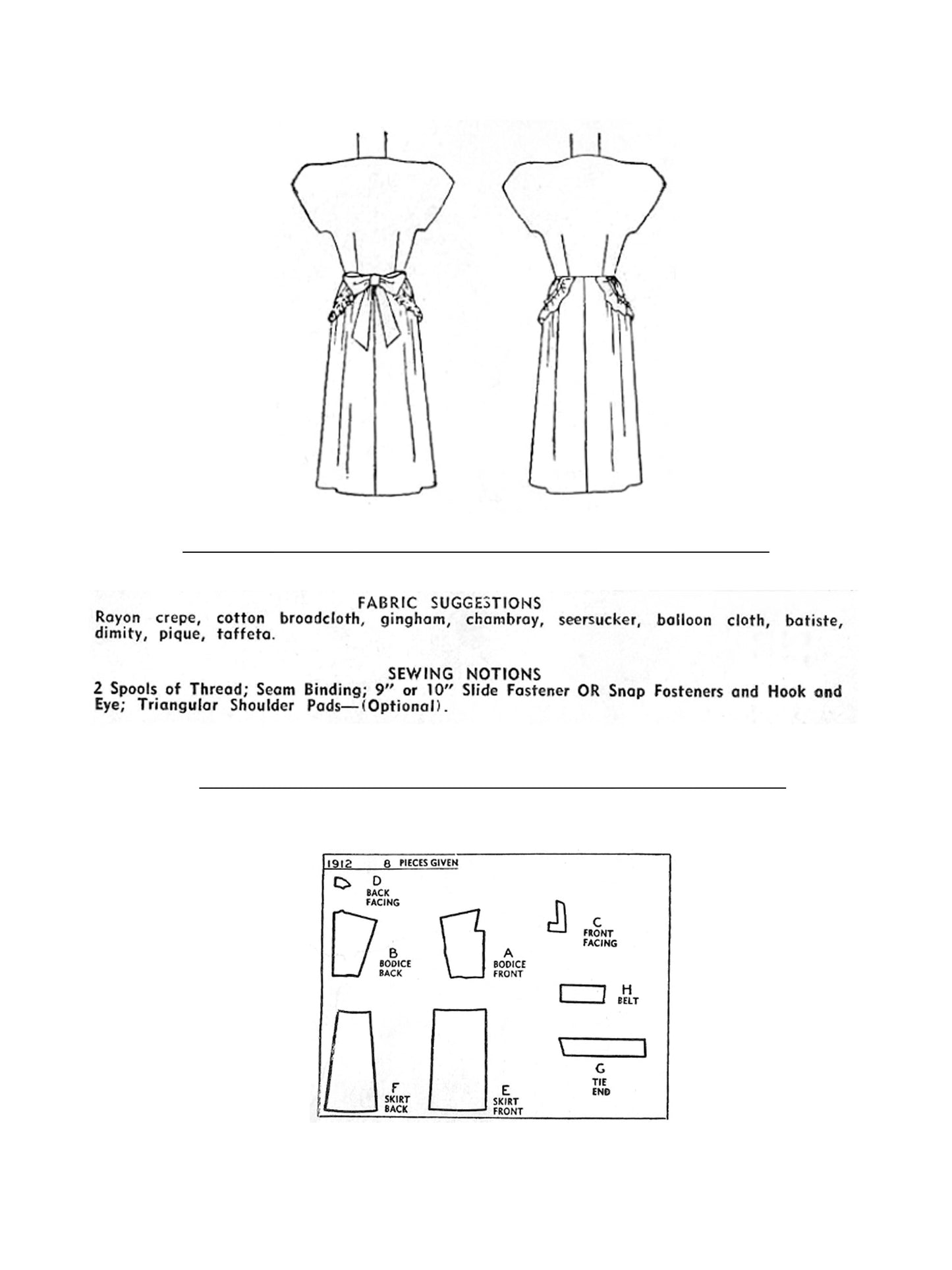 PDF Pattern - 1940's Dress with Trim Detail and Bow  / Bust 30