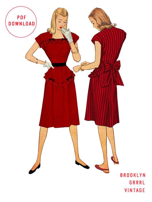 PDF Pattern - 1940's Dress with Trim Detail and Bow  / Bust 30