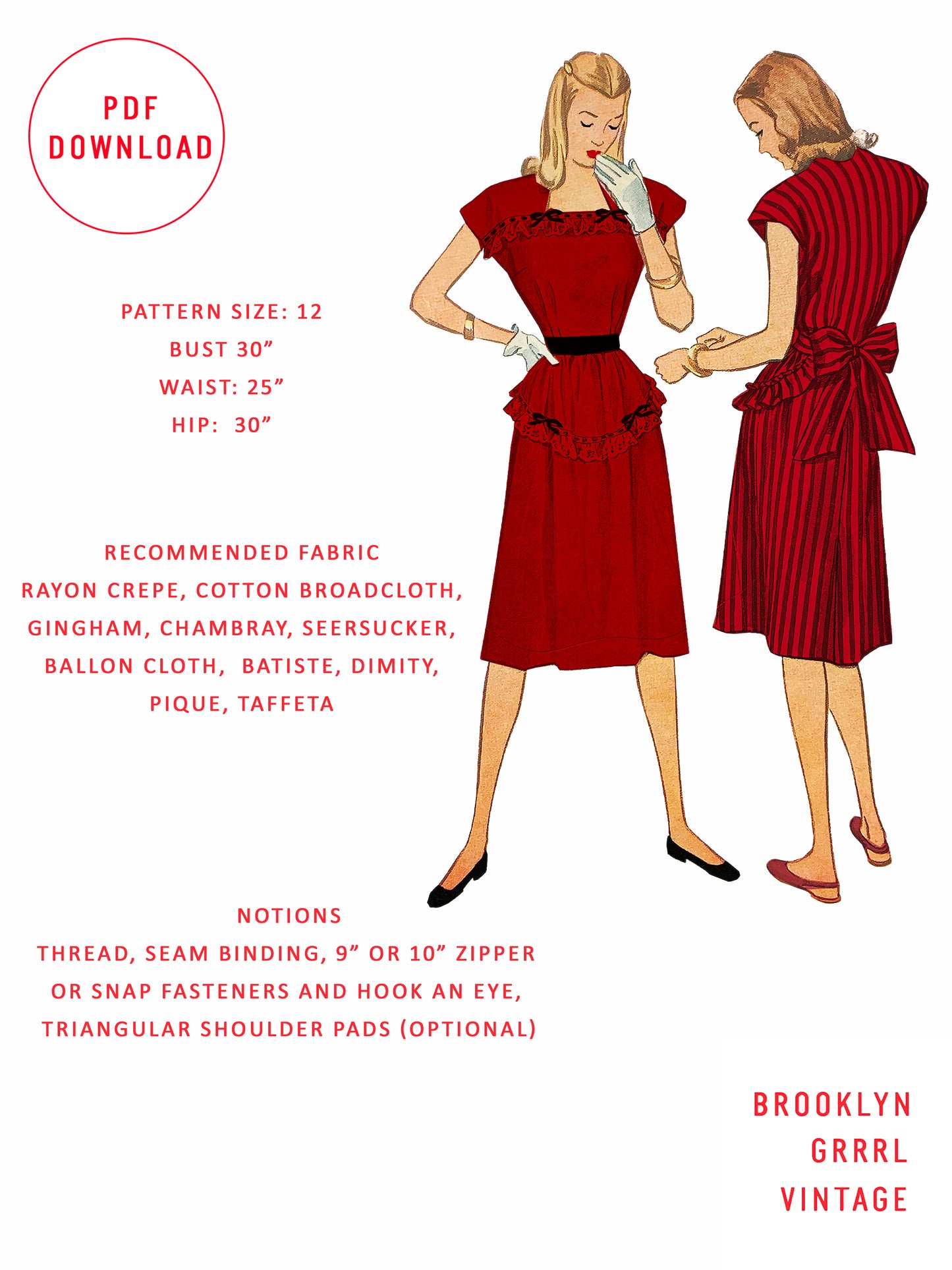 PDF Pattern - 1940's Dress with Trim Detail and Bow  / Bust 30