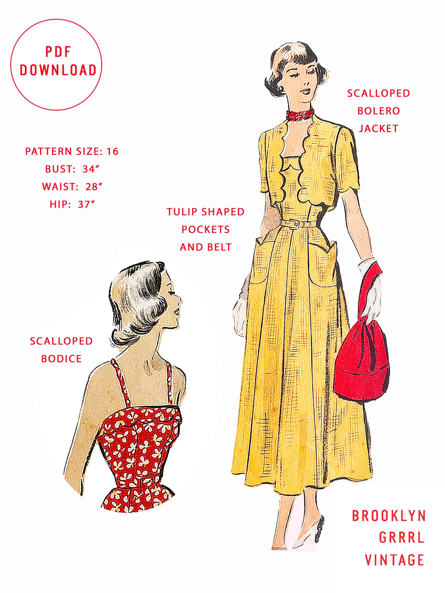 PDF Pattern - 1940's Fit and Flare Dress with Bolero Jacket  / Bust 36