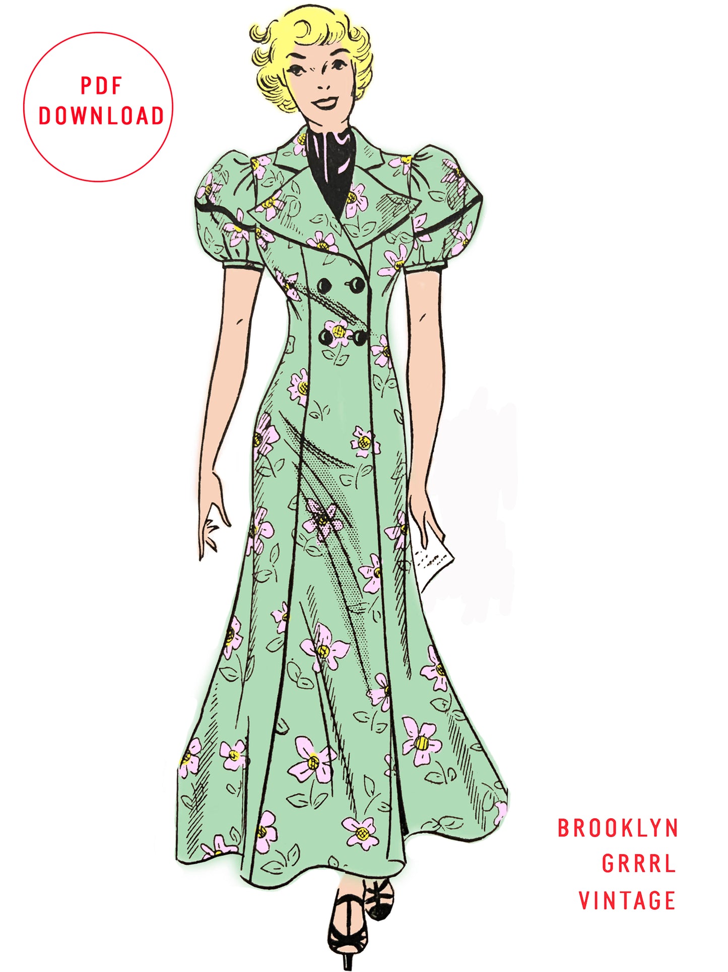 PDF Pattern  1930's Double Breasted Housecoat / Bust 38