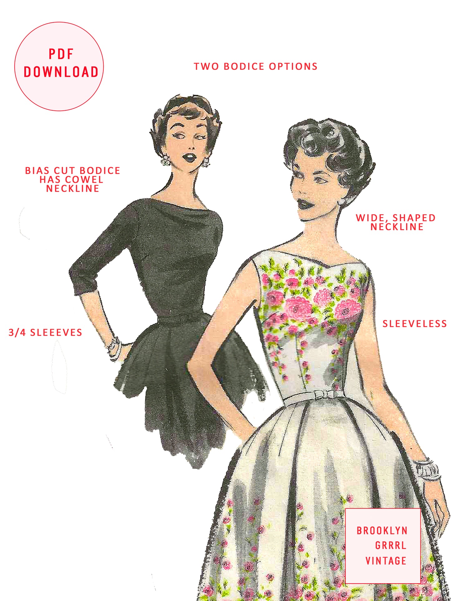 PDF Pattern - 1950's Cocktail Dress / Bust 37