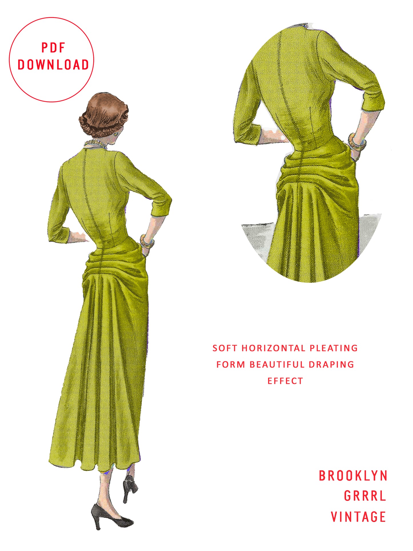 PDF Pattern - 1940's Dress with Back Pleating / Bust 34