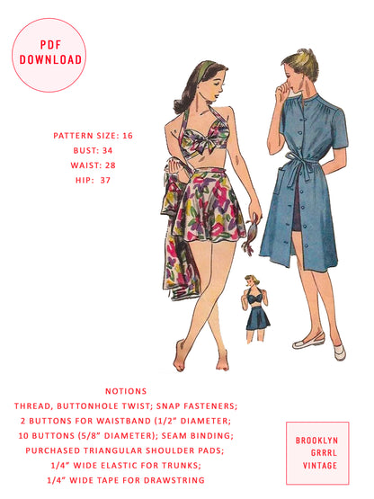 PDF Pattern  1940s Bathing Suit and Dress / Bust 34