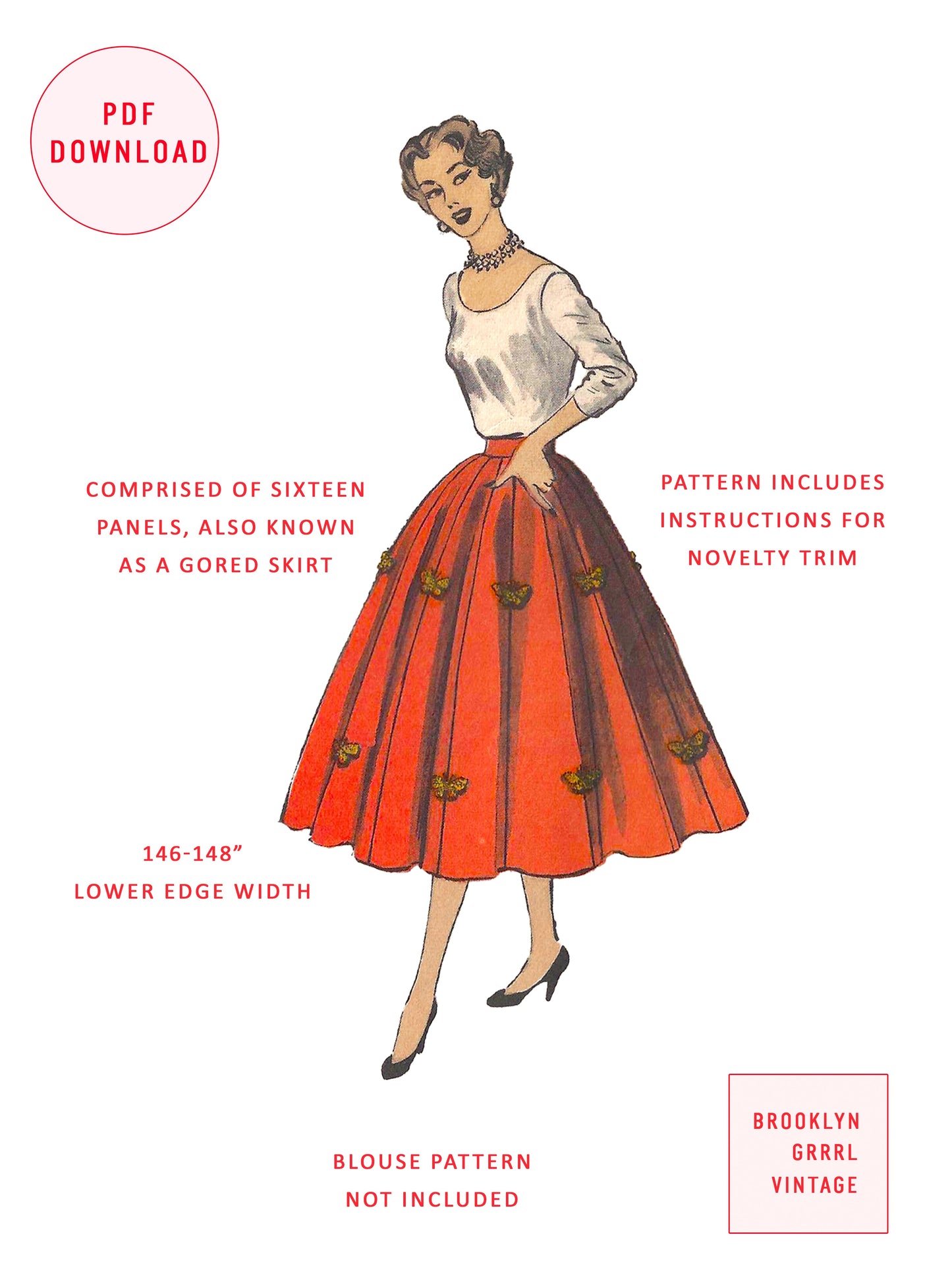 PDF Pattern - 1950's Sixteen Panel Skirt / Multiple Sizes