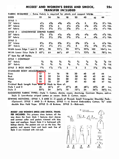 PDF Pattern  1940s Day Dress / Smock with Pockets / Bust 30