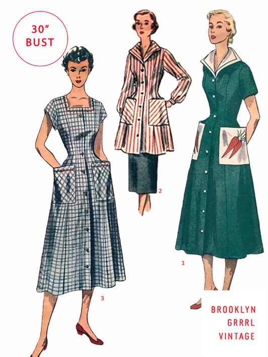 PDF Pattern  1940s Day Dress / Smock with Pockets / Bust 30