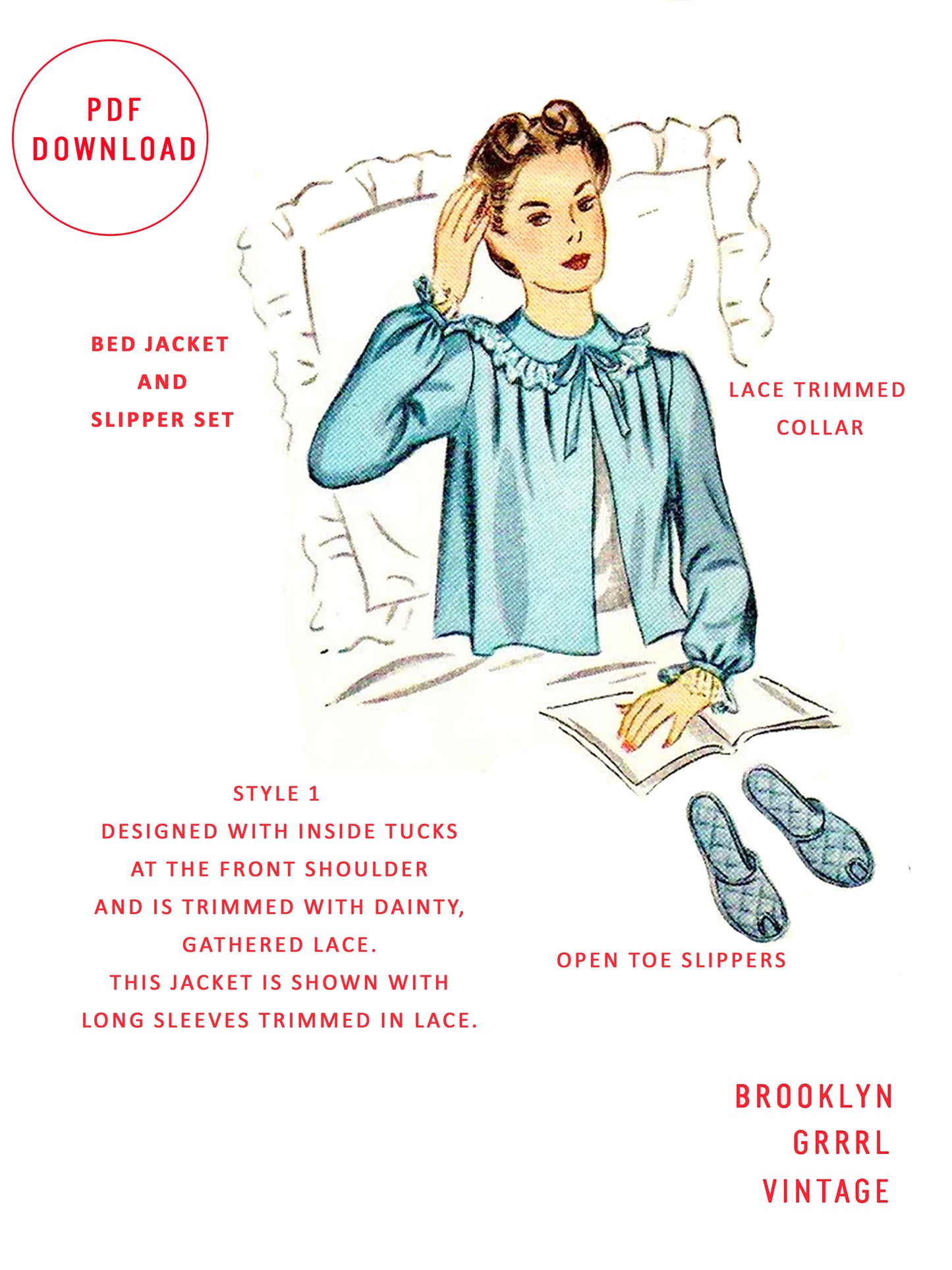PDF Pattern  1940's Bed Jacket and Slippers / Bust 38