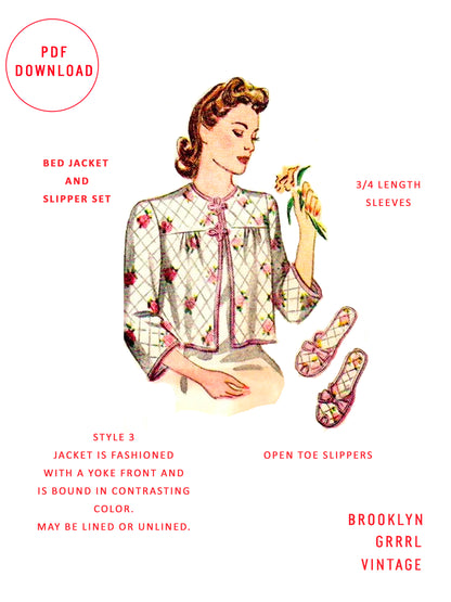 PDF Pattern  1940's Bed Jacket and Slippers / Bust 38